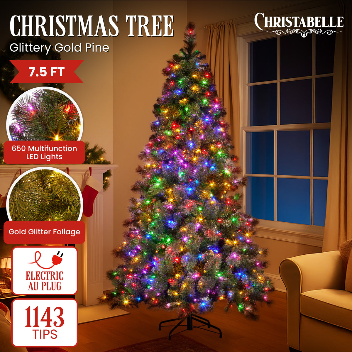 Glitter gold Christmas tree with multicolor LED lights and metal stand, lit branches