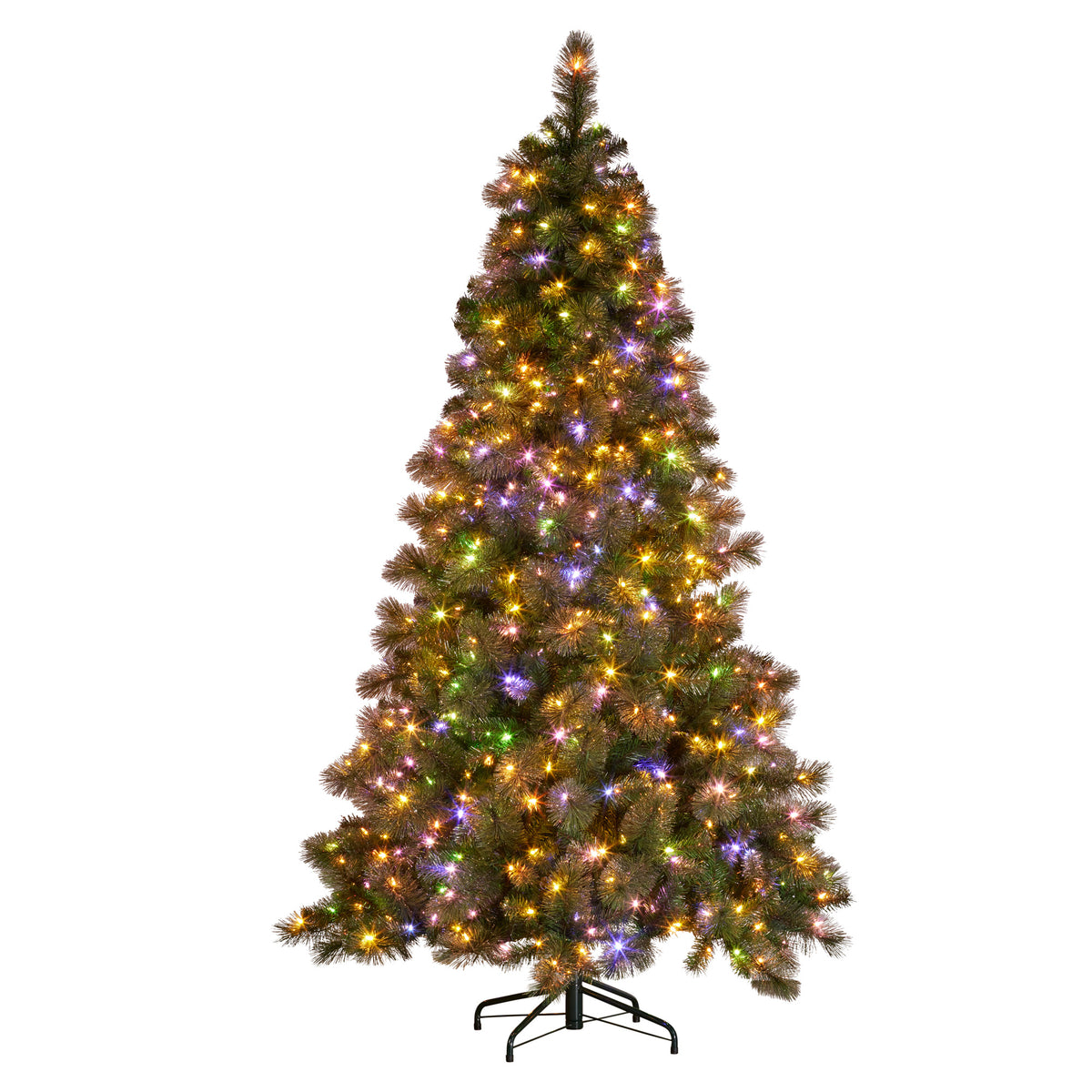 Glitter gold Christmas tree, front view, with multicolor LED lights and metal stand
