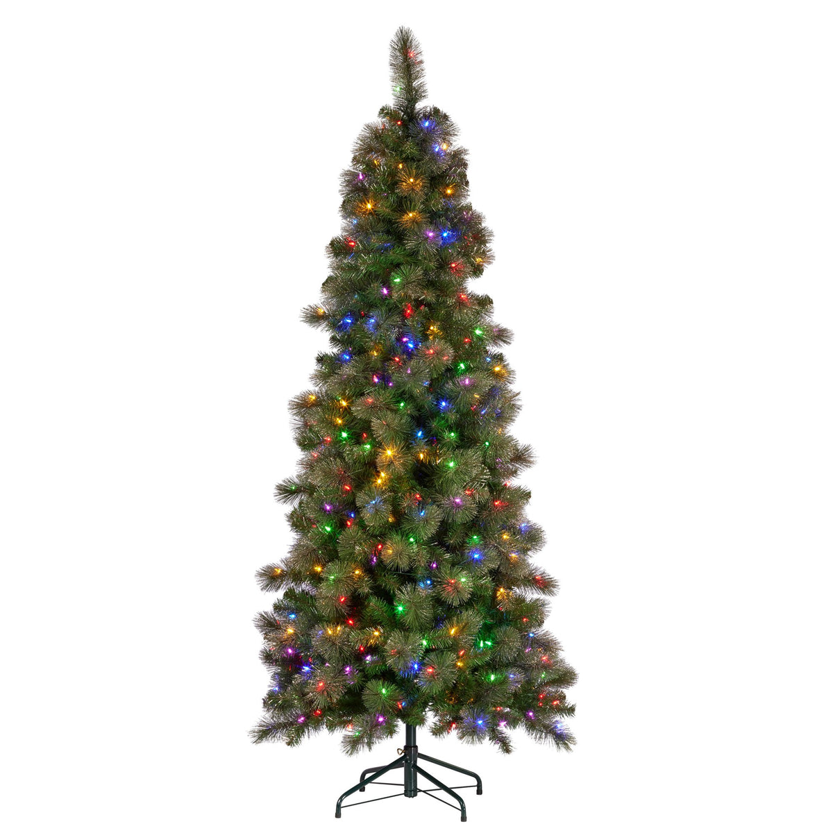 7.5 ft slim Christmas tree with gold glitter tips and multicolor LED lights on stand.