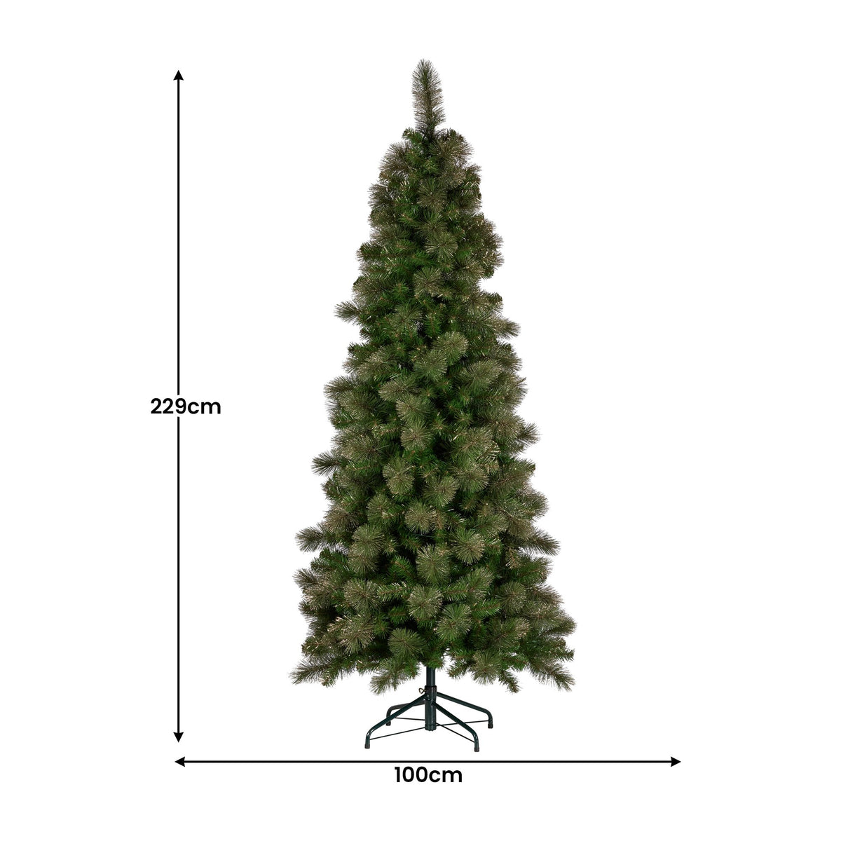 Tall slim Christmas tree with multicolor LED lights and sturdy tripod stand.