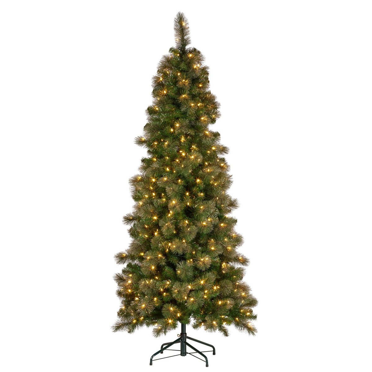 Slim Christmas tree with gold glitter foliage and multicolor LED lights on stand.