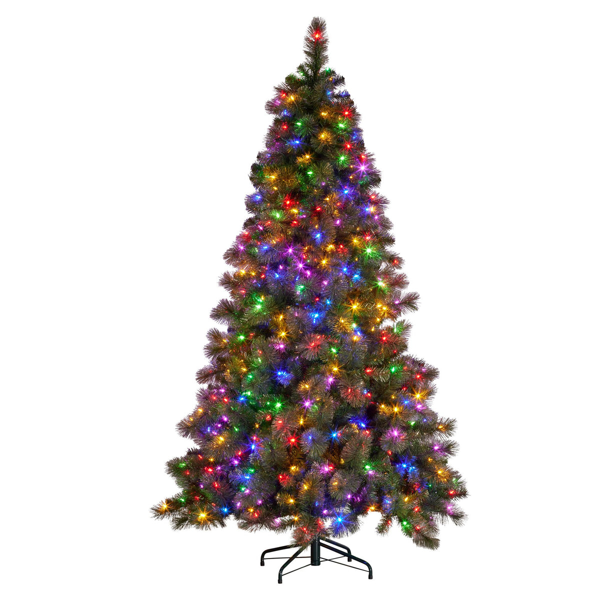 Artificial Christmas tree with dense green branches and multicolor LED lights