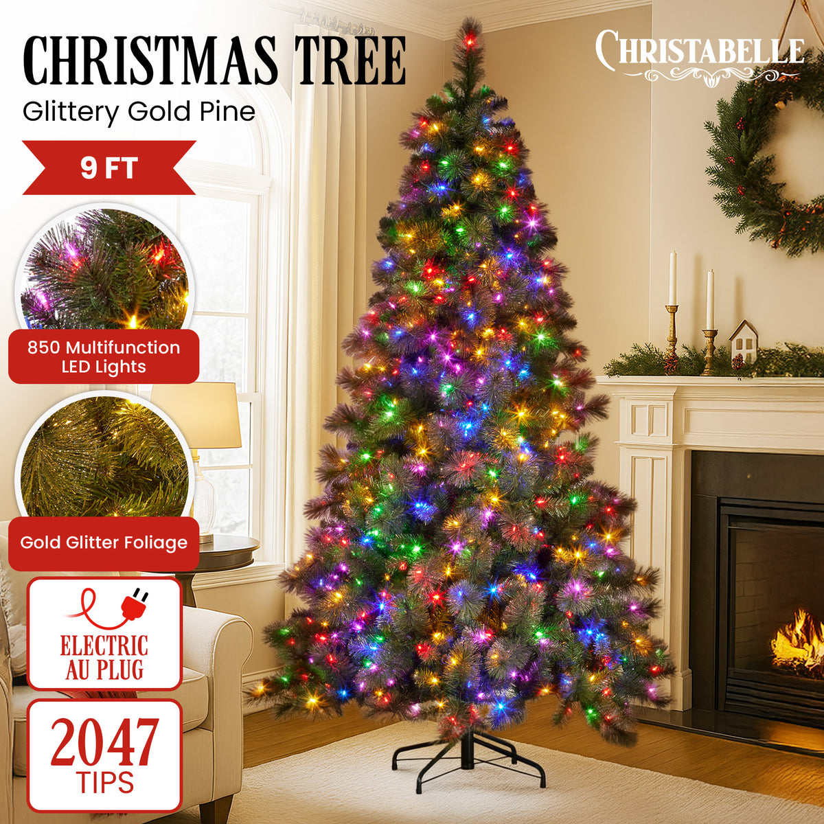 Artificial Christmas tree with green branches and multicolor LED light strands
