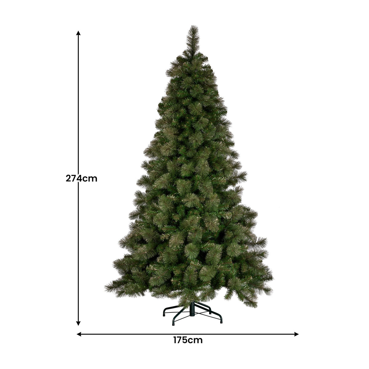 Artificial Christmas tree with green foliage and three-legged metal stand