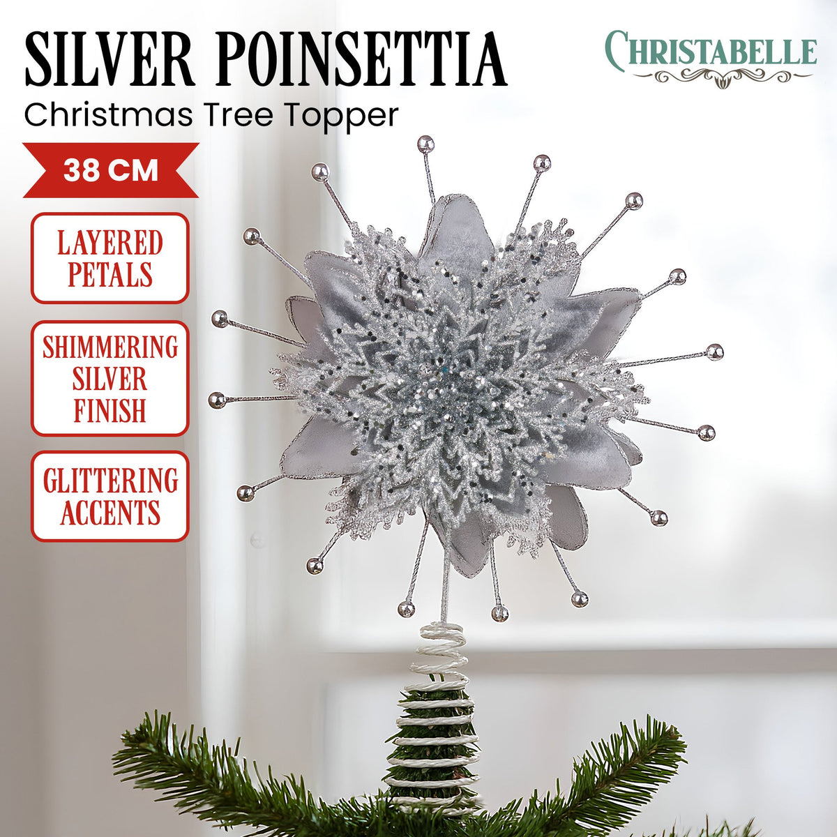 Silver poinsettia Christmas tree topper with glitter petals and beaded wire tips