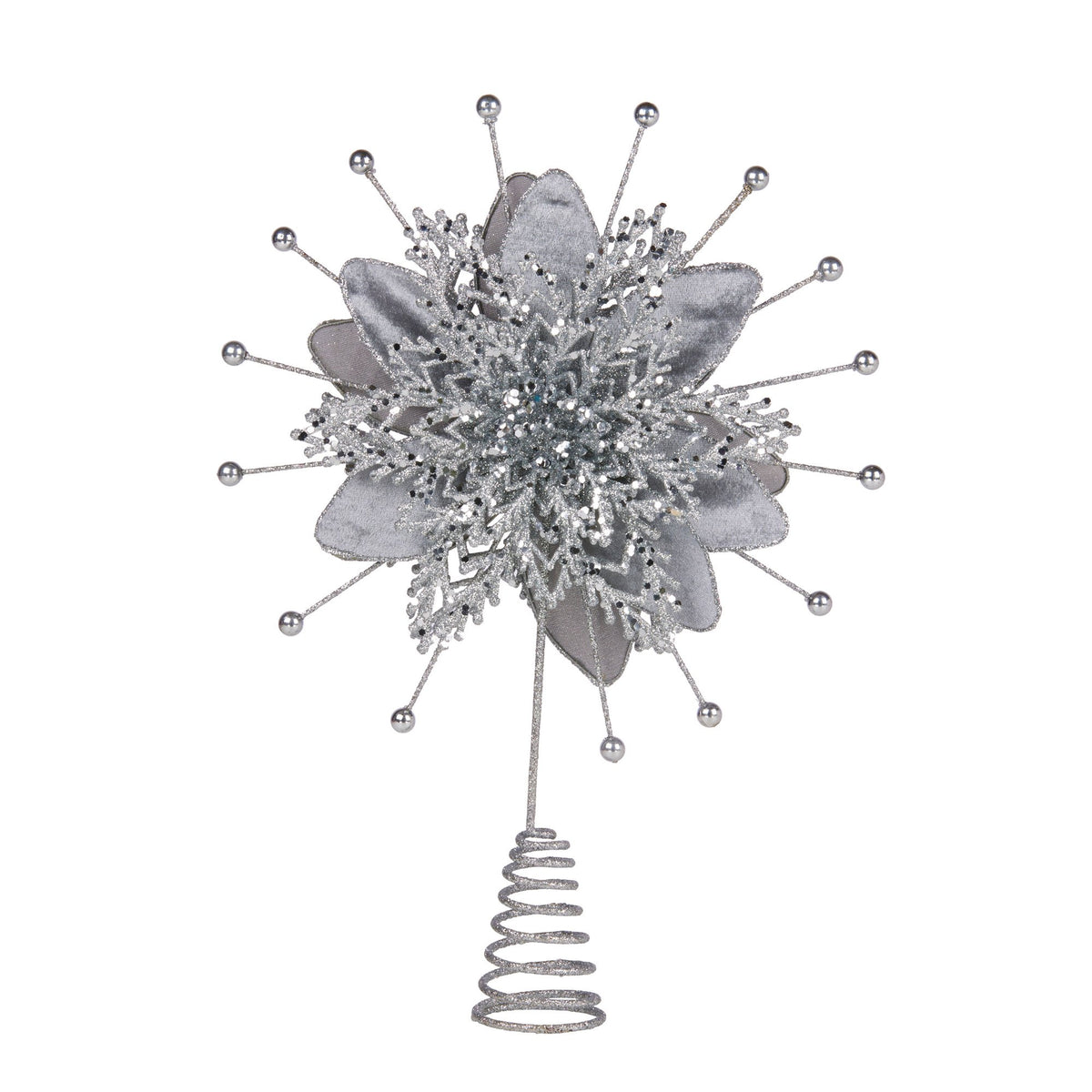 Silver glitter poinsettia tree topper with layered petals and wire bead accents