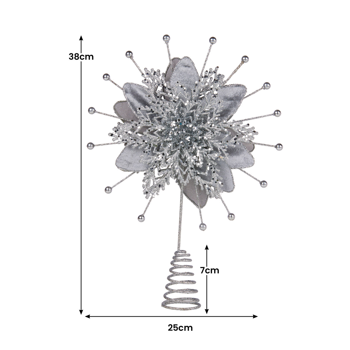 38cm silver poinsettia tree topper with layered glitter petals and spiral stem