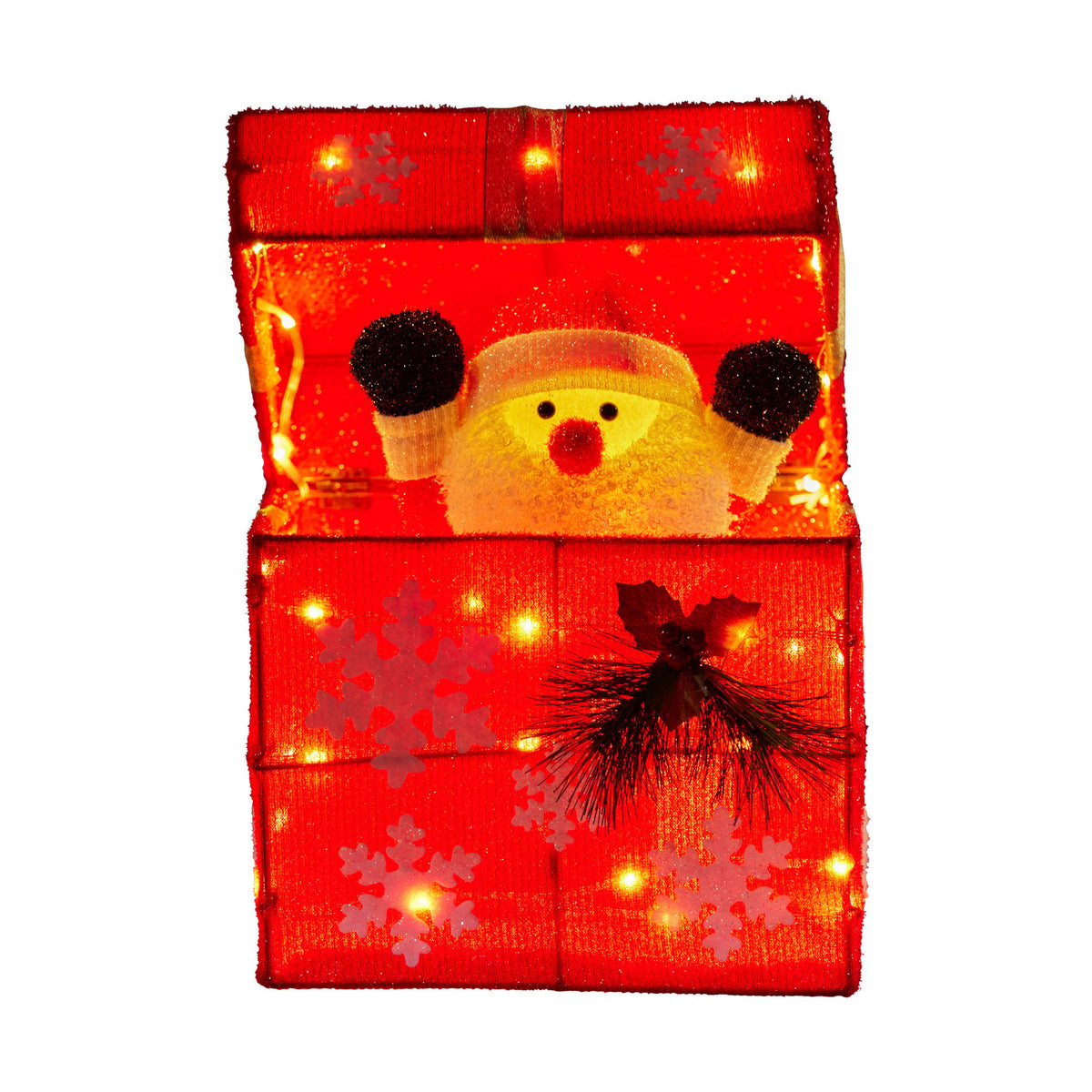 Animated Santa gift box with warm white LED lights, red fabric, snowflake and pom-pom accents