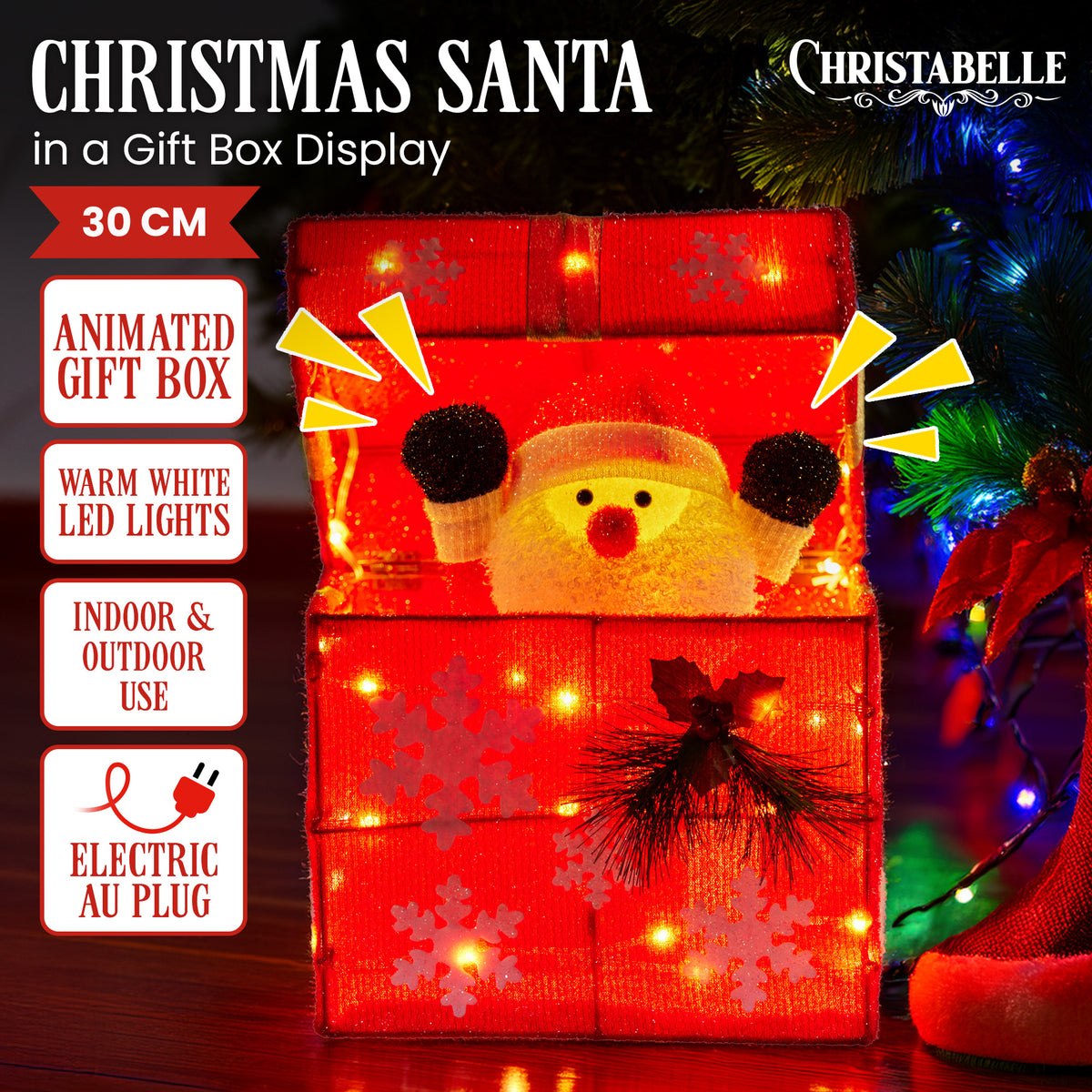 Animated Santa gift box with warm white LED lights, red front panel with snowflake details