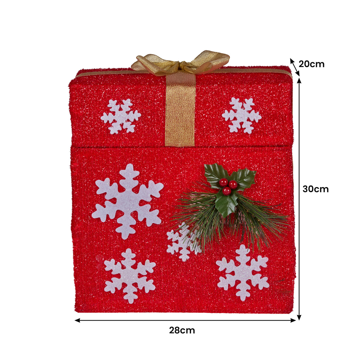 Red Santa-themed gift box with gold ribbon bow, white snowflake cutouts, and pine decoration