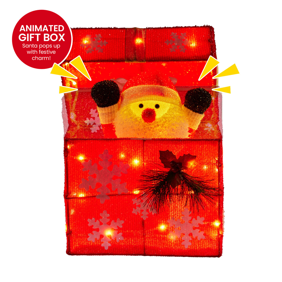 Animated Santa gift box with warm white LED lights, red fabric, snowflakes and Santa face