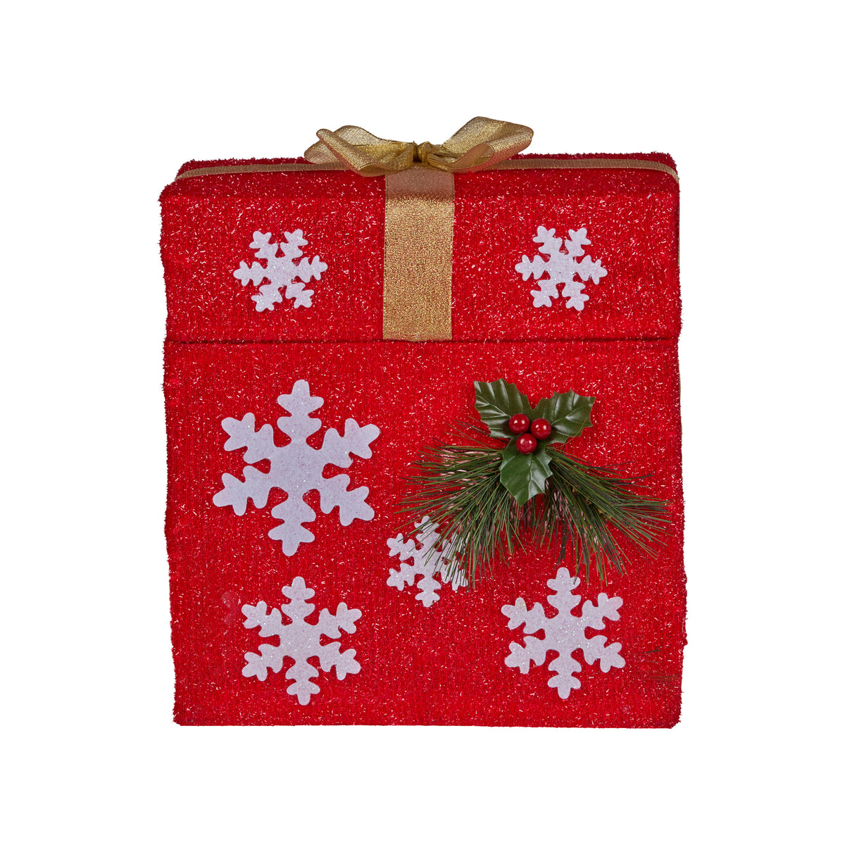 Red Santa-themed gift box with gold ribbon, Santa face panel, and white snowflake cutouts