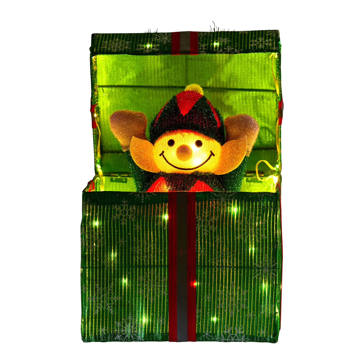 Green fabric gift box with red stripe ribbon and smiling elf face, lit LEDs