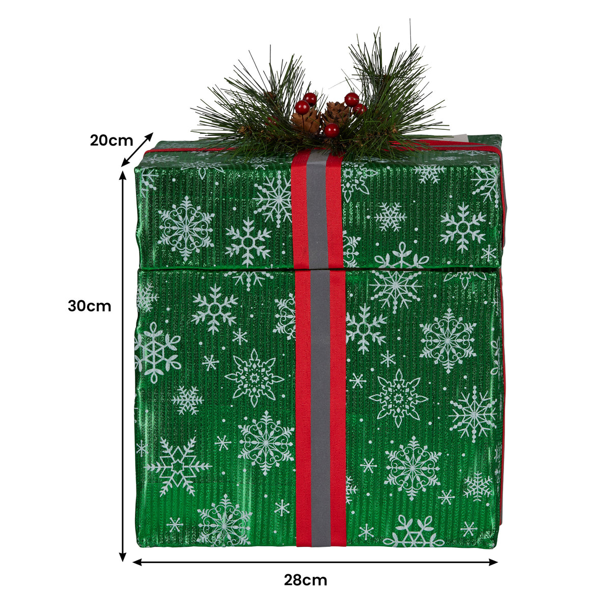 Green patterned gift box with red ribbon and snowflake design, unlit