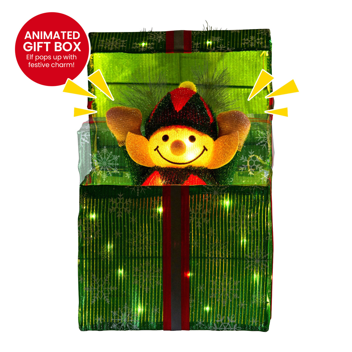 Green LED gift box with elf face, red-and-black hat, glowing wire lights
