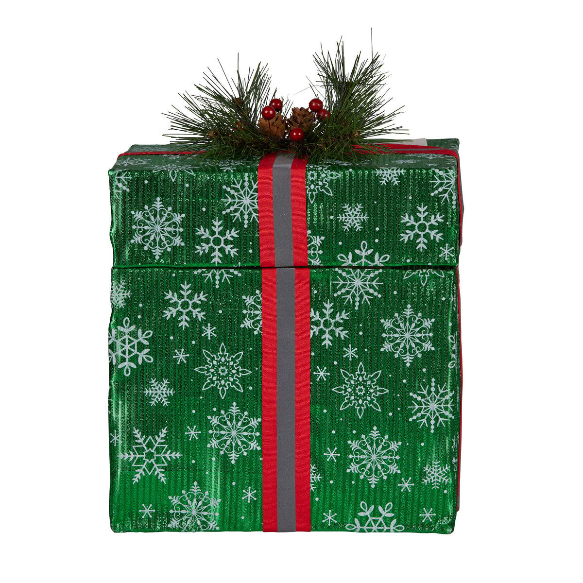 Green snowflake gift box with red ribbon and pine sprig topper, unlit