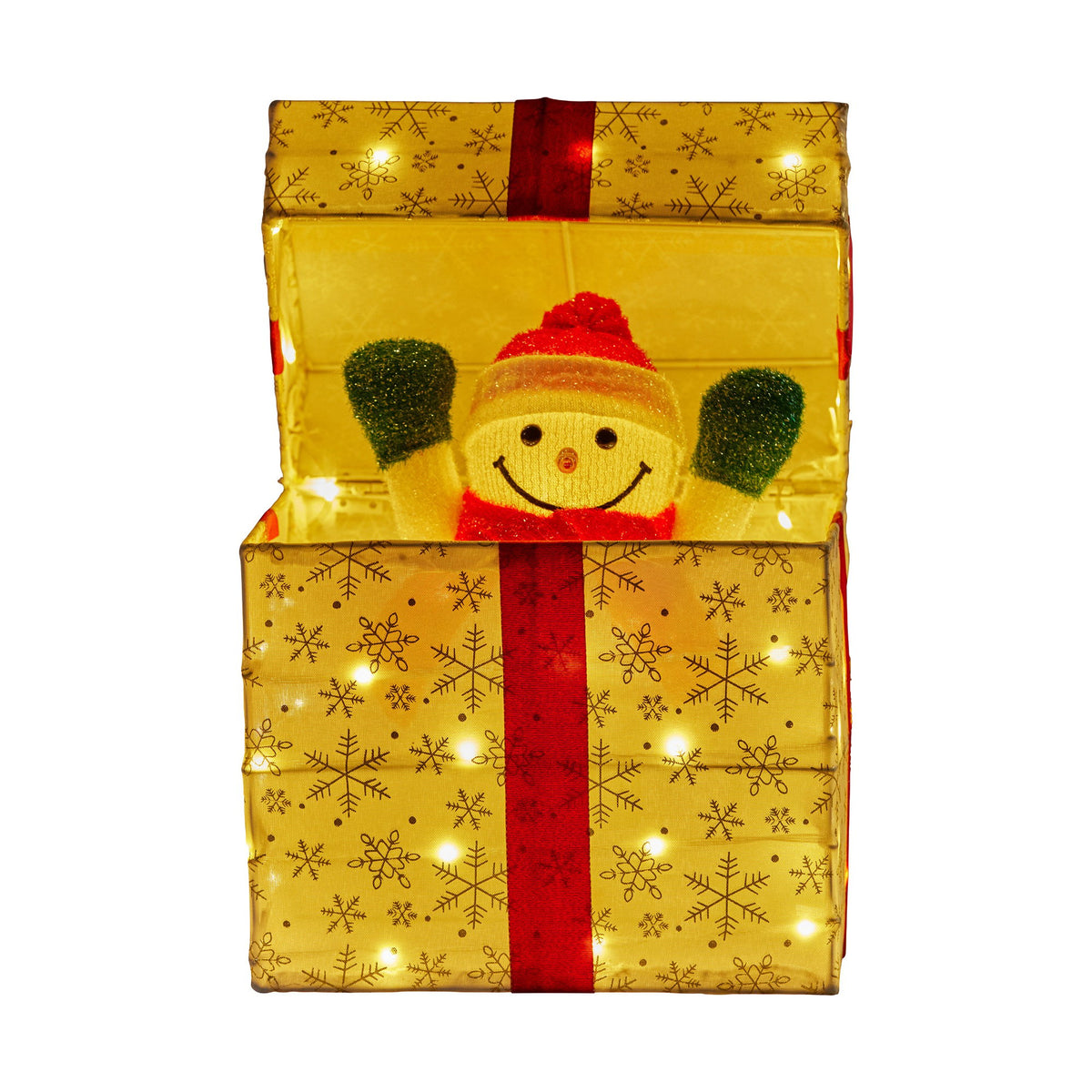 Animated snowman gift box with warm white LED lights, gold wrap, and red ribbon