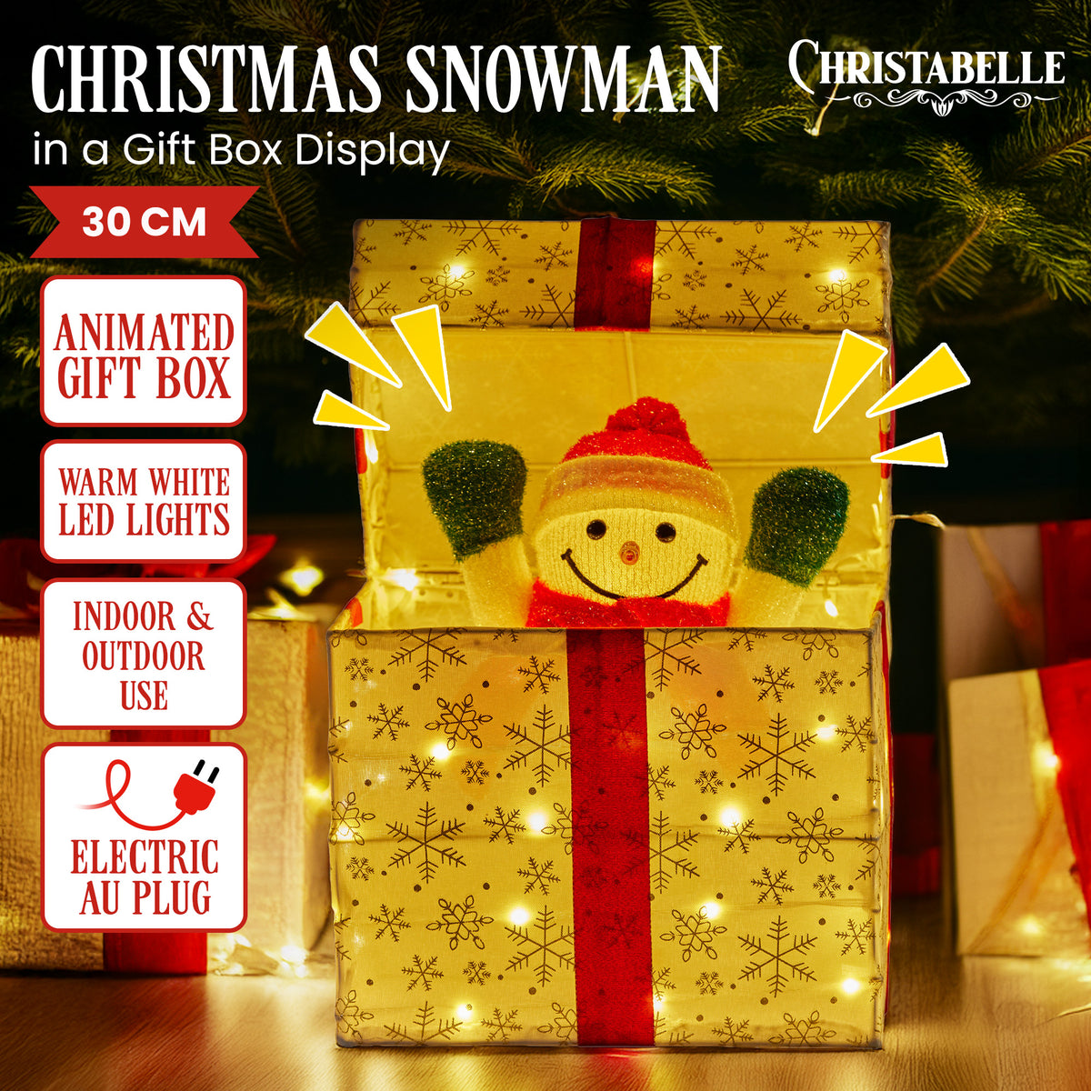 Animated snowman gift box with warm white LED lights, gold wrapping, red ribbon and bow