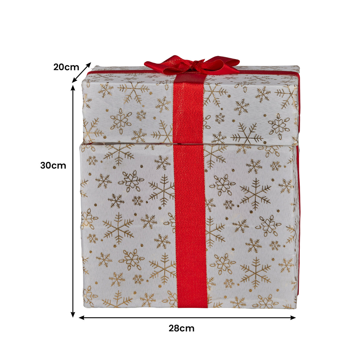 Snowflake gift box with red ribbon, bow, and white wrapped panels with gold patterns