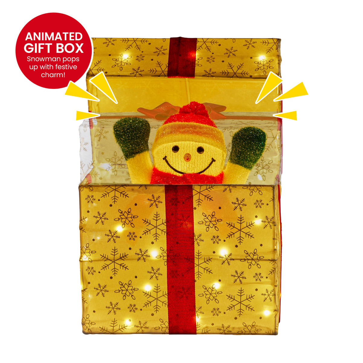 Animated snowman gift box with warm white LED lights, gold wrap, and red ribbon