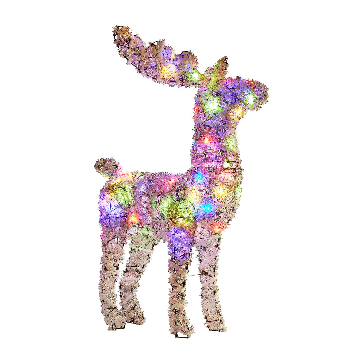 Animated reindeer Christmas display covered in multicolor LED lights