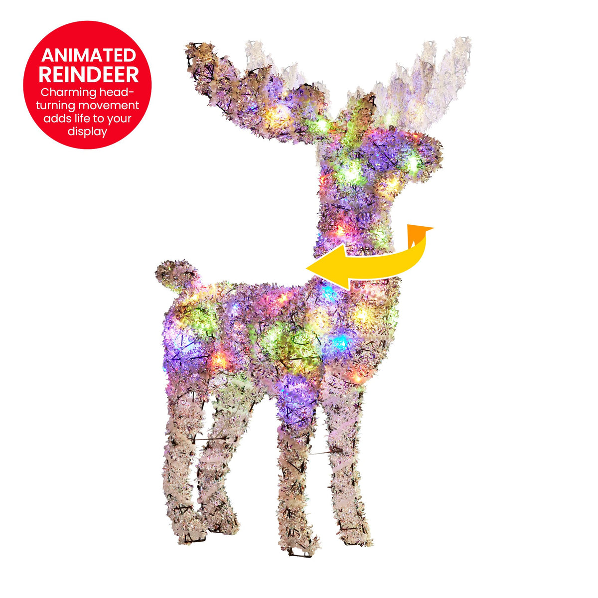 Animated reindeer Christmas display with multicolor LEDs and moving-hind pose arrow