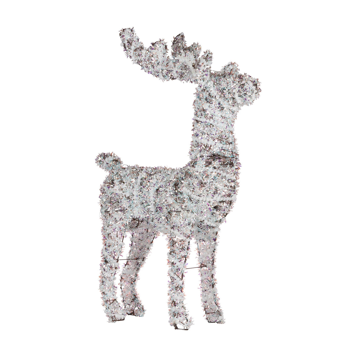 Silver-white glitter reindeer Christmas display, full body view