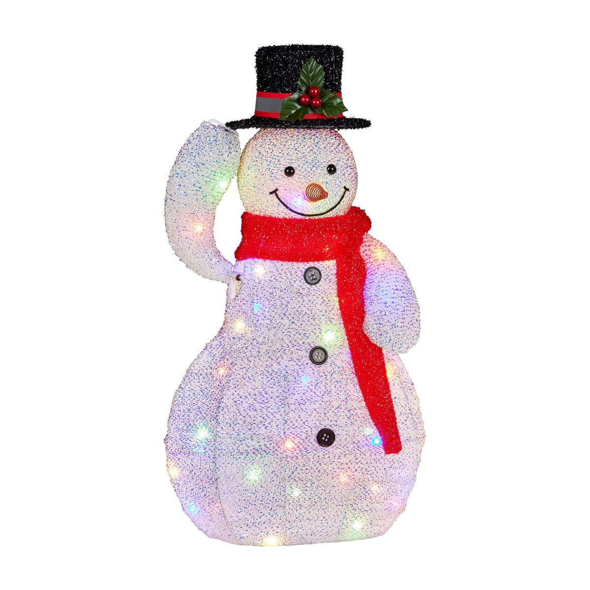 Animated light-up snowman decoration with black top hat, red scarf, raised arm and LEDs