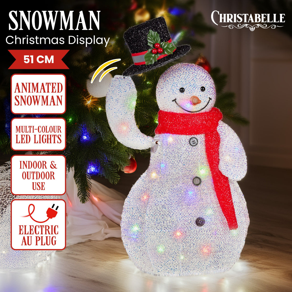 Light-up snowman Christmas decoration with black top hat, red scarf and multicolour LED glow