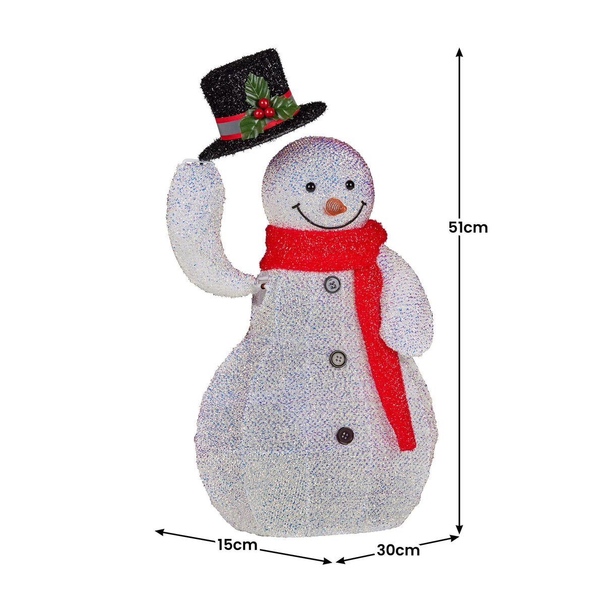 Glitter fabric snowman decoration with black top hat, red scarf, raised arm and LED lights
