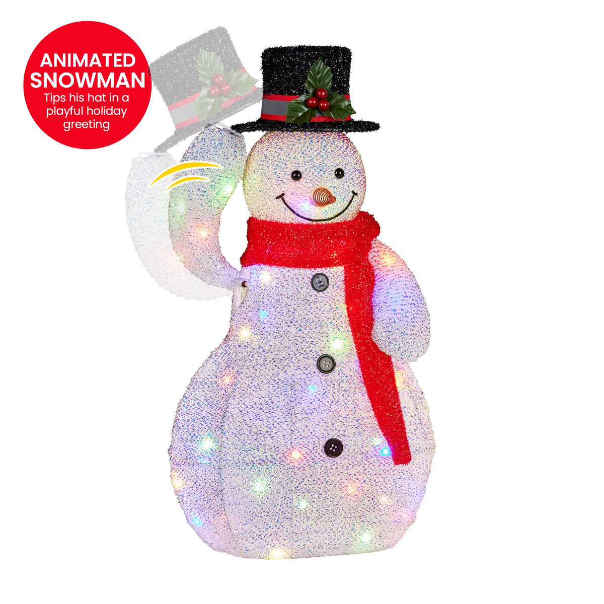 Light-up animated snowman figure with black top hat, red scarf and multicolour LEDs