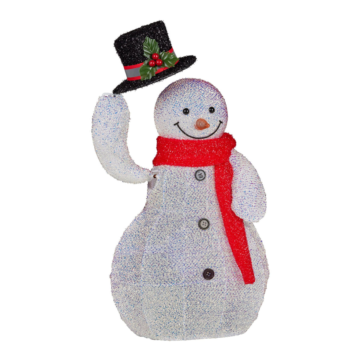 Snowman decoration with black top hat, red scarf, one arm raised and sparkling LED lights