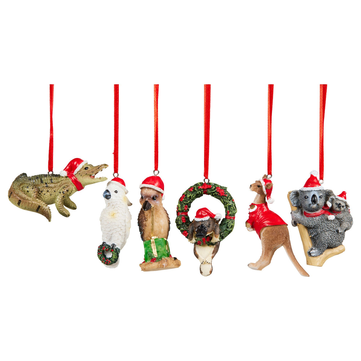 Set of 6 resin animal Christmas tree ornaments with red hanging strings