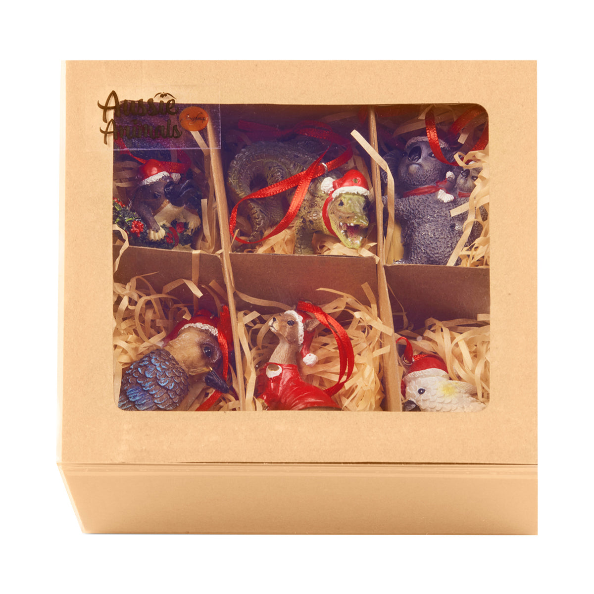 Gift box containing 6 resin animal Christmas tree ornaments, visible through window