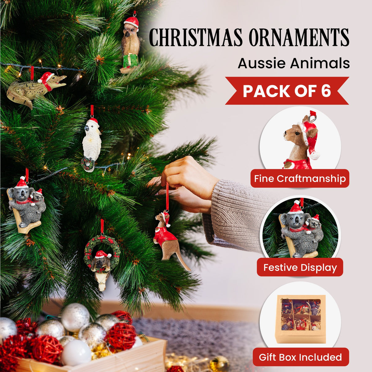 6 resin Aussie animal Christmas ornaments hanging on a green tree