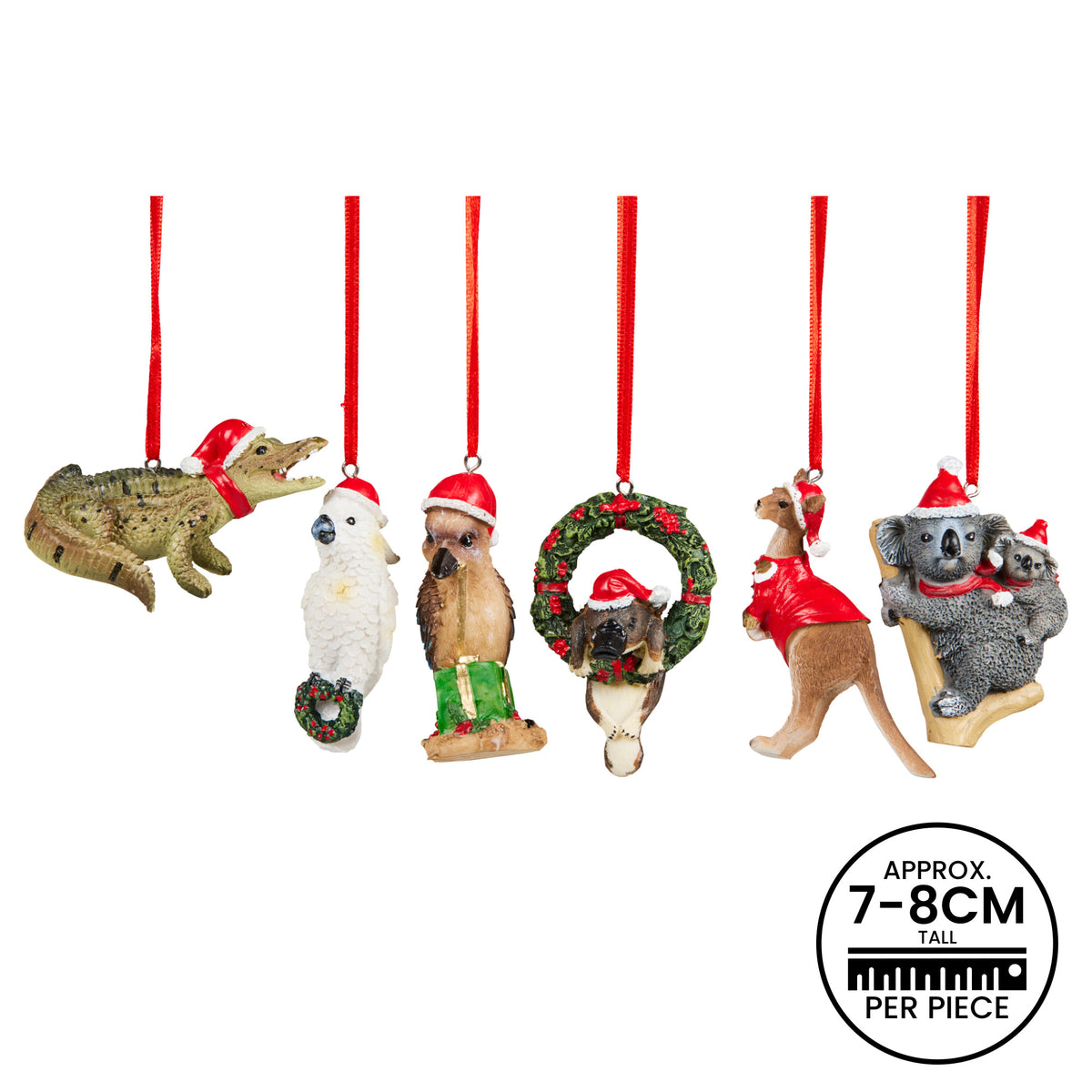 Set of 6 resin animal Christmas ornaments, each with red hanging cord