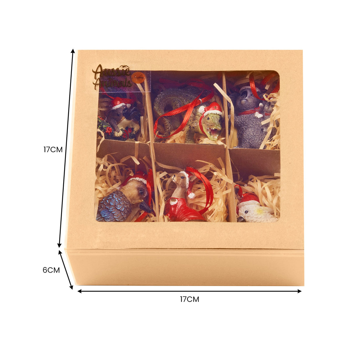 Gift box of 6 resin animal Christmas ornaments with wrapped inserts