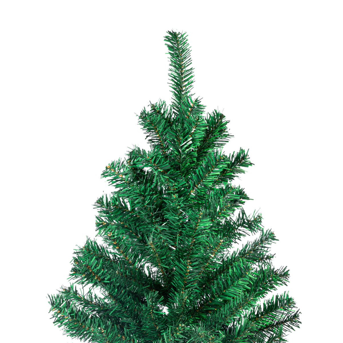 Green artificial Christmas tree with full layered branches and dense foliage