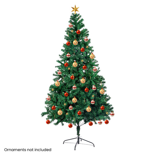 Artificial Christmas tree in green with colorful ornaments and metal stand
