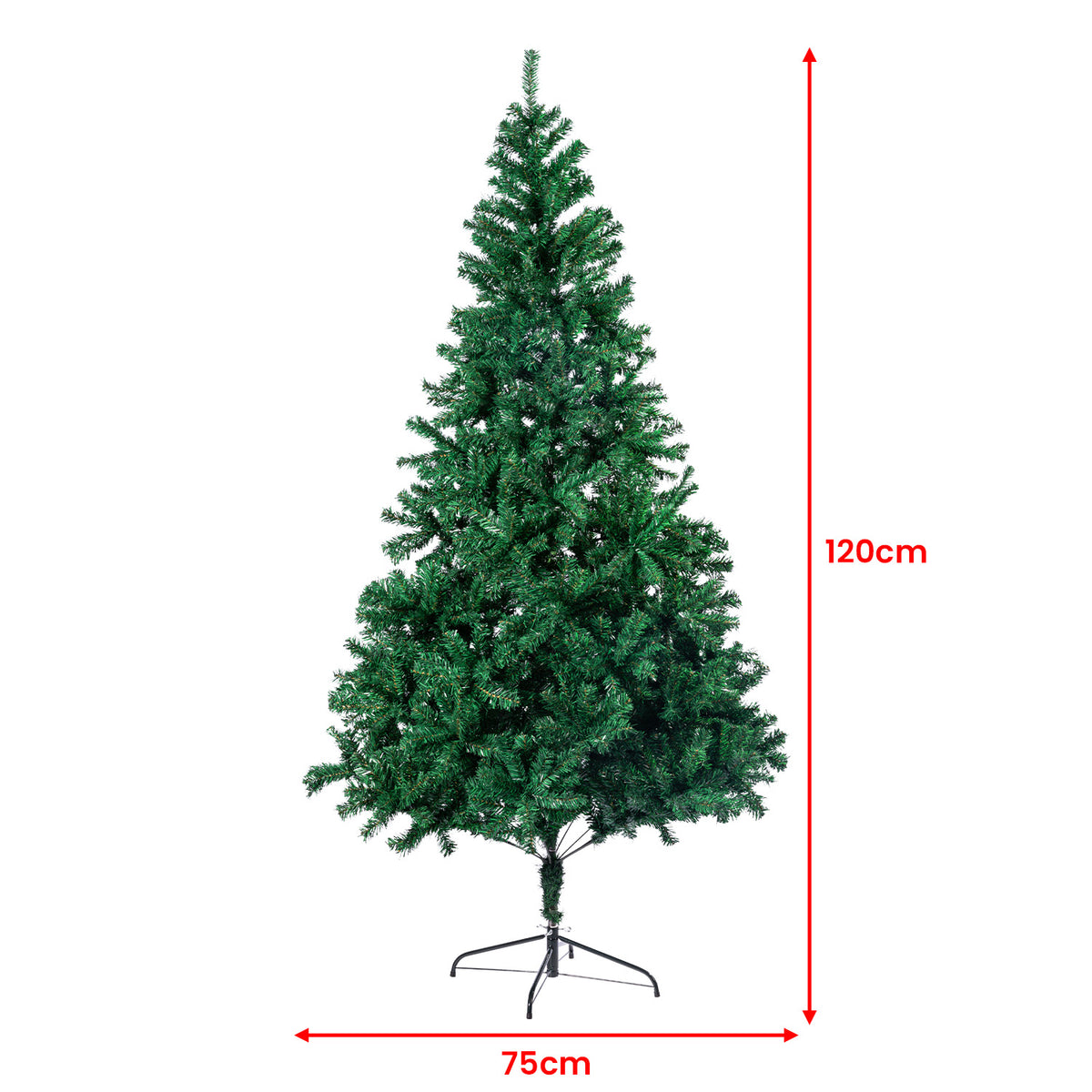 Green artificial Christmas tree, 120cm tall and 75cm wide, with metal stand