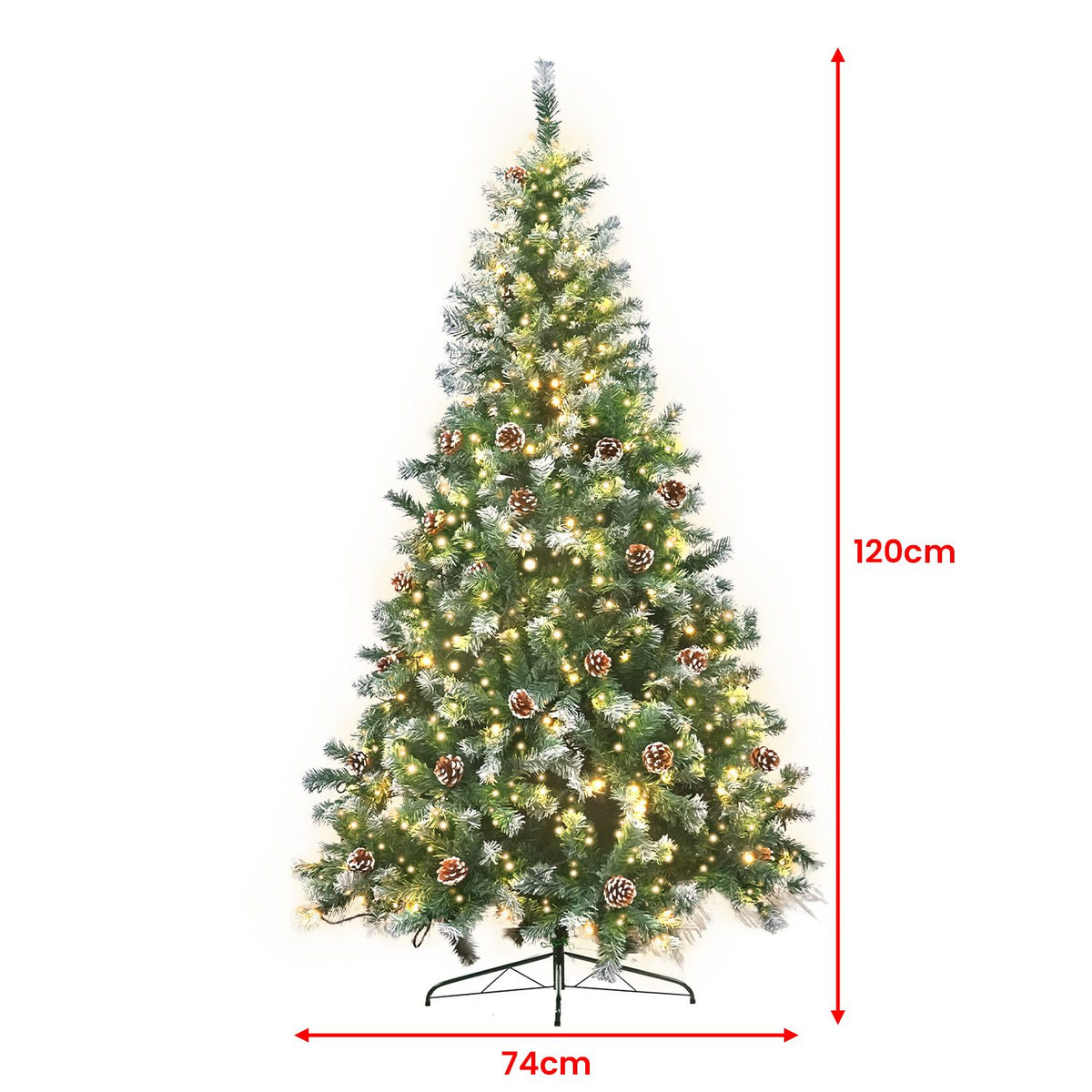 1.2m artificial Christmas tree with frosted tips, pine cones, warm LED lights, black stand