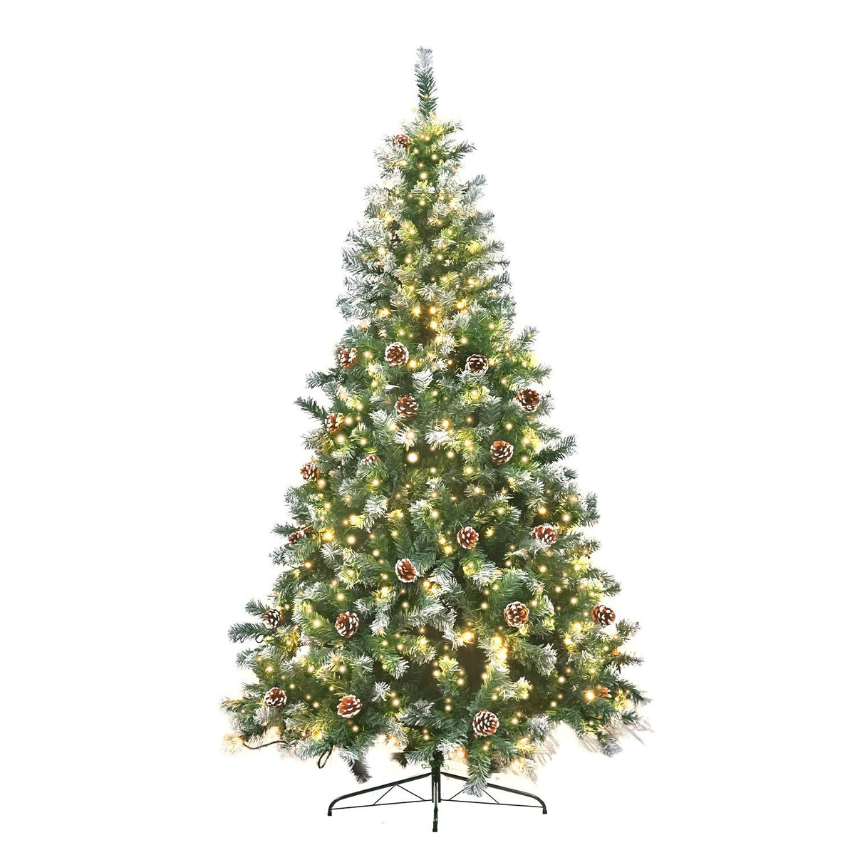1.5m artificial Christmas tree with frosted tips, pine cones, and warm white LED lights