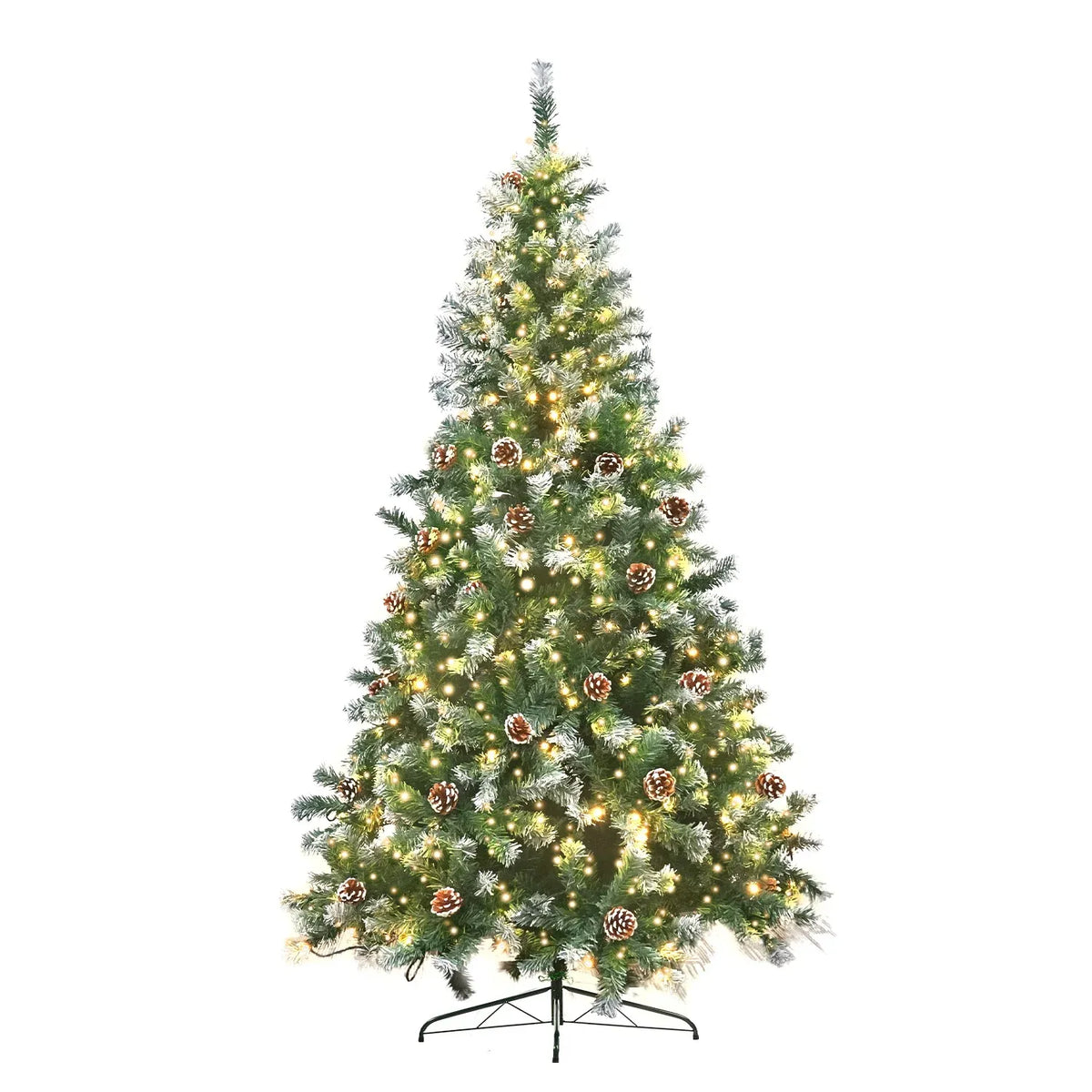 Pre-lit LED artificial Christmas tree with frosted tips, pine cones, and warm lights