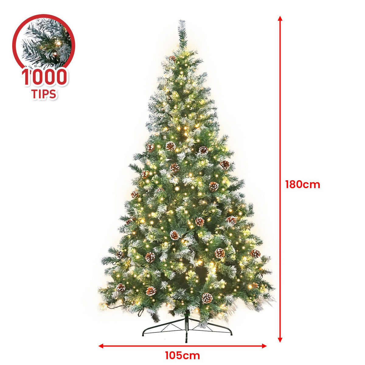 1.8m artificial Christmas tree with frosted tips, pine cones, and LED lights