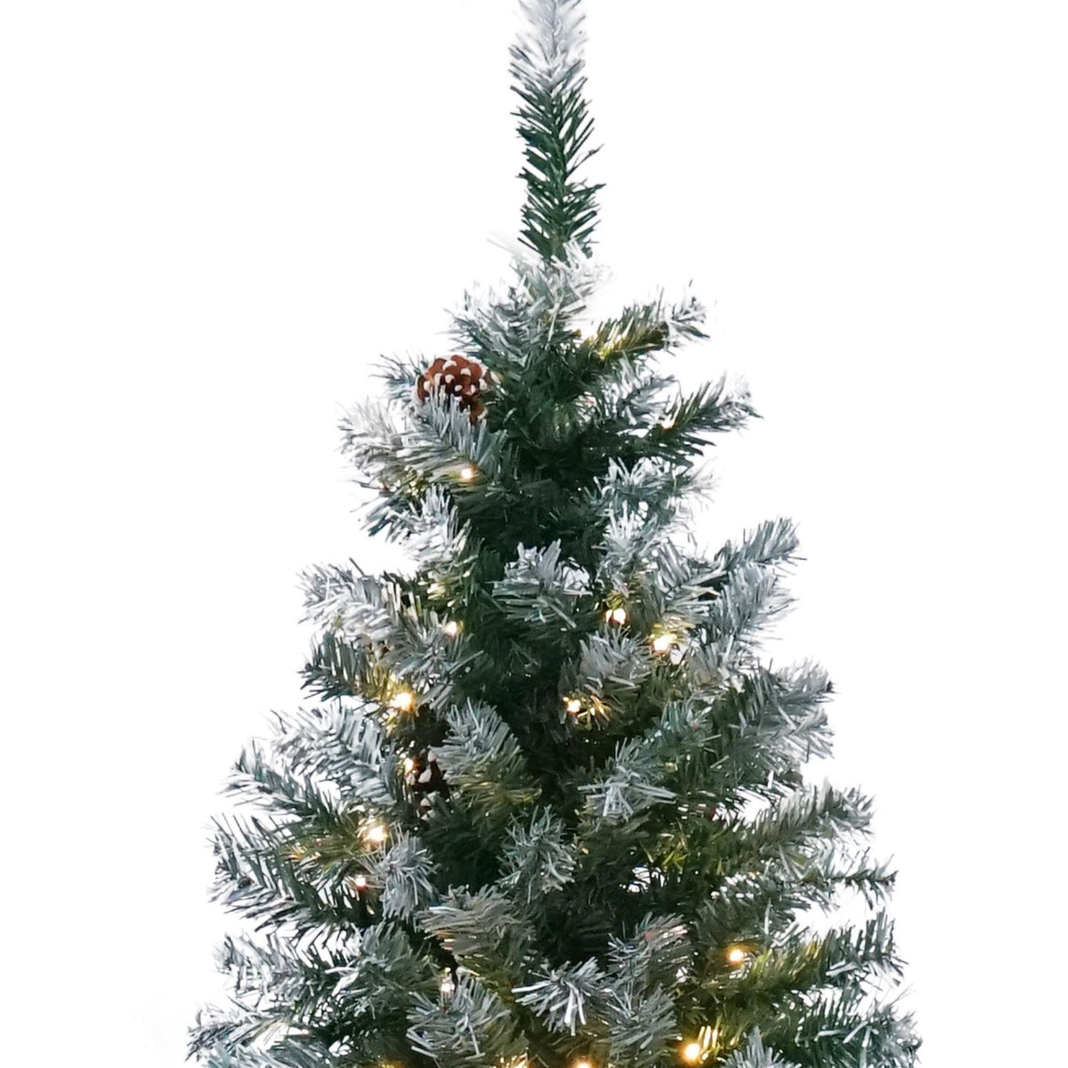 Artificial Christmas tree branch detail with frosted needle tips, pine cone ornaments