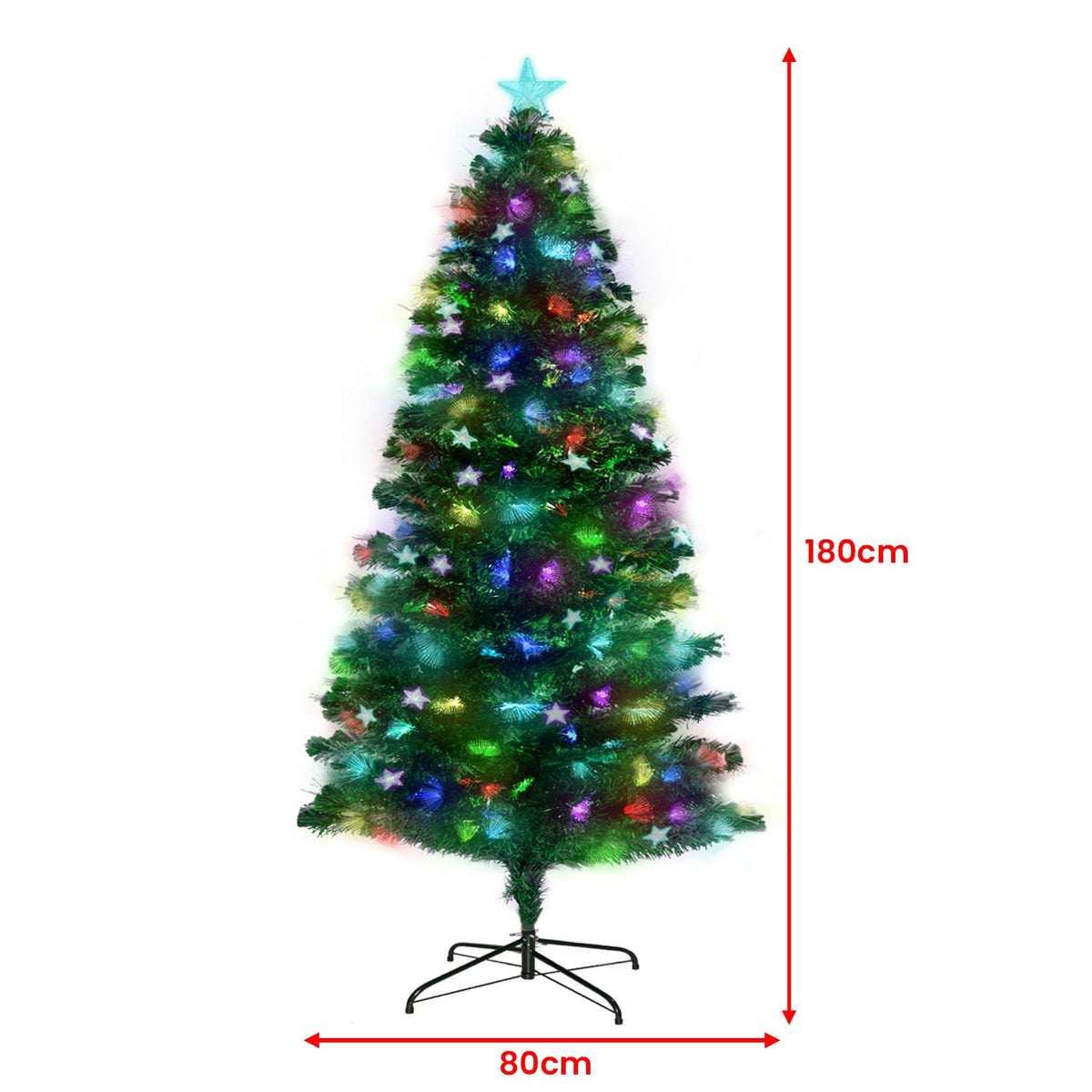 Artificial Christmas tree with fibre optic star lights; size 180cm tall, 80cm wide