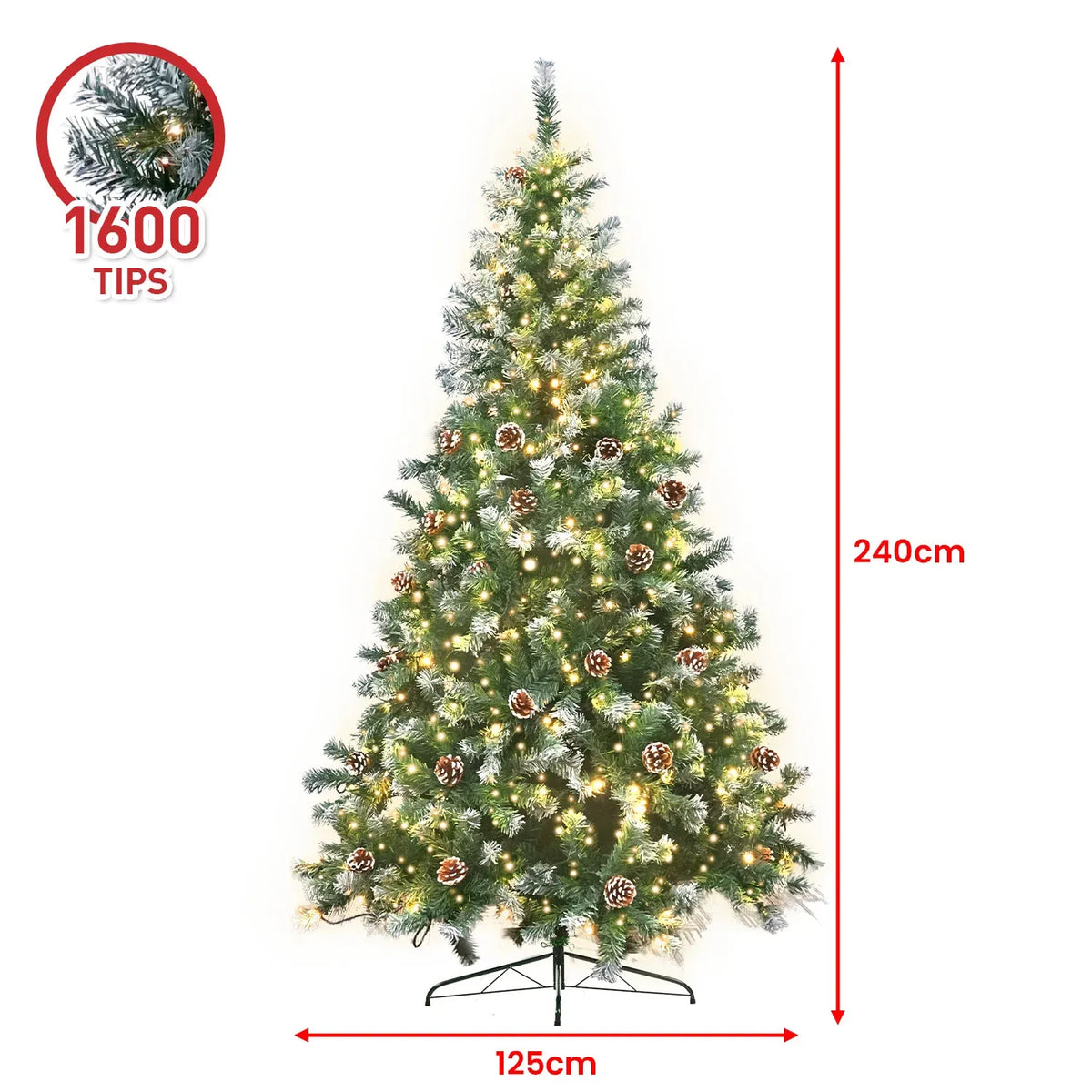 Pre-lit artificial Christmas tree with snow-tipped needles, pine cones, and metal stand