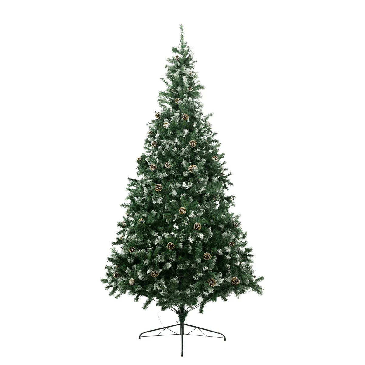 Artificial Christmas tree with frosted tips, pine cones, and LED lights on metal stand