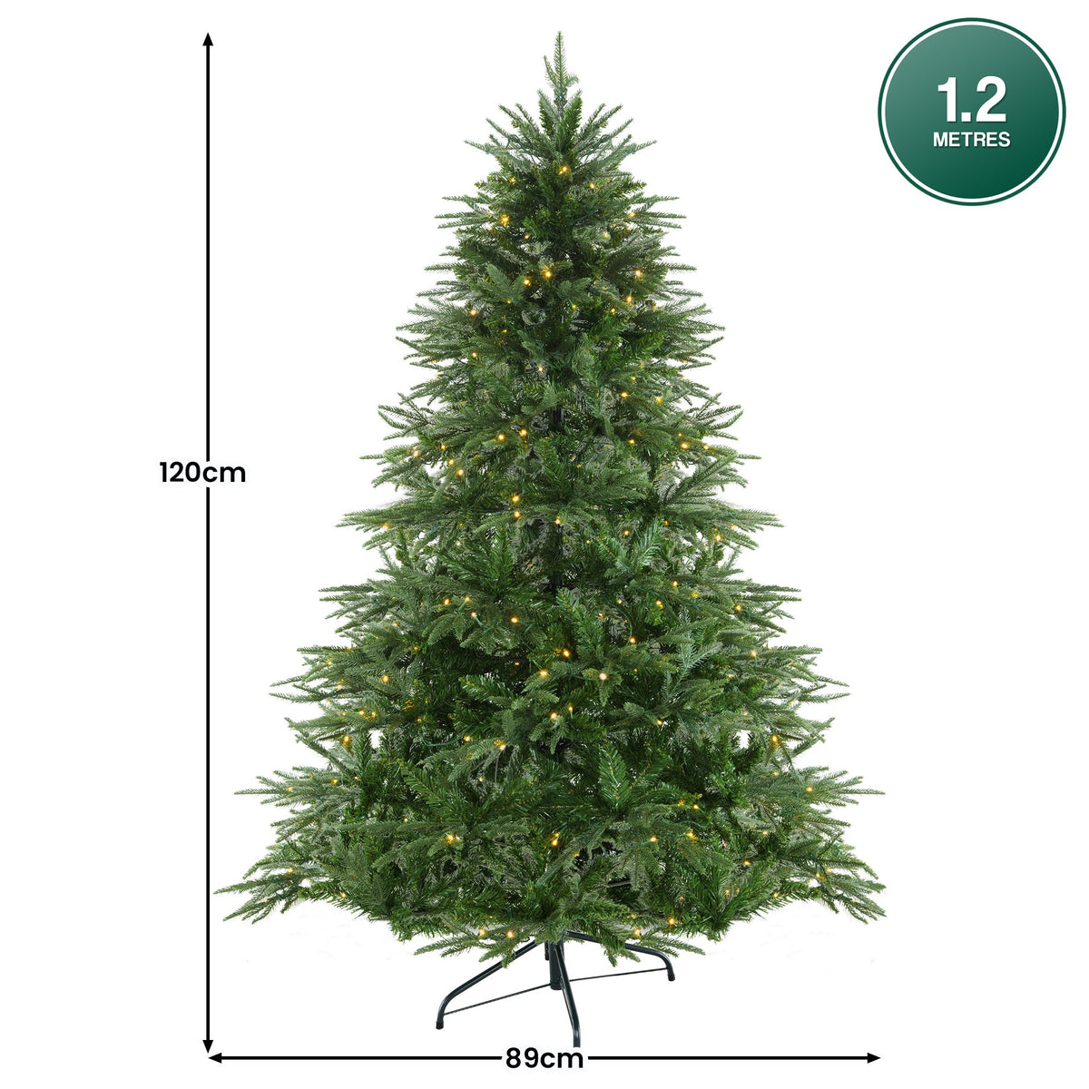 1.2m pre-lit artificial Christmas tree with green needles and warm LEDs, folding stand