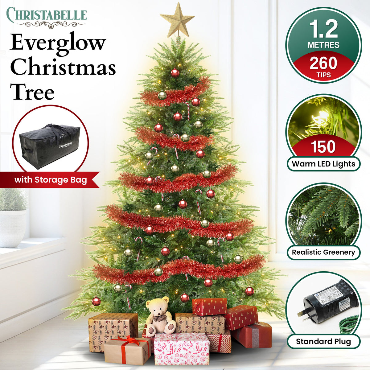 Artificial Christmas tree with warm LED lights, red ornaments, and star topper